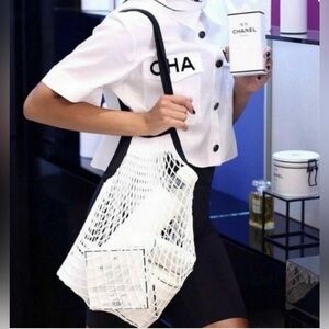 New CHANEL White Crochet Mesh Tote Bag & logo bag No5 100 Anniversary Collection
